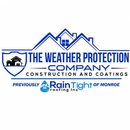 Logo for The Weather Protection Company, featuring houses and mention of Rain Tight of Monroe.