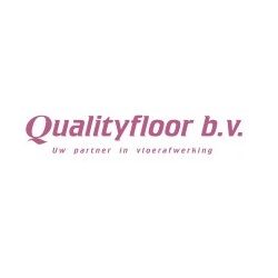 Logo van Qualityfloor b.v. met de tekst "Uw partner in vloerafwerking" in paarse letters.