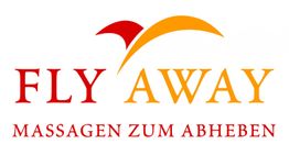 Fly Away Logo mit rotem und orangefarbenem Text: "Massagen zum Abheben".
