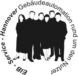 Sechs silhouettierte Personen in einem Kreis mit dem Text "EBI - Service - Hannover".