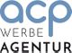 Logo mit großem, blauem Text "acp" und darunter "Werbeagentur" in schwarzer Schrift.