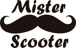 Logo "Mister Scooter" con bigote negro estilizado debajo del texto.