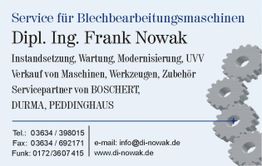 Visitenkarte von Dipl. Ing. Frank Nowak, spezialisiert auf Maschinenservice und -verkauf.
