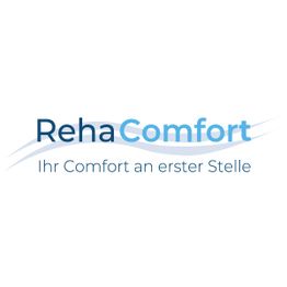 Logo mit Schriftzug: "RehaComfort. Ihr Comfort an erster Stelle." Wellenmotiv im Hintergrund.