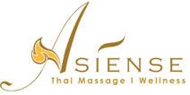 Logo von Asiense Thai Massage und Wellness mit stilisiertem Buchstaben und Flammenmotiv.