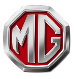 Logo ottagonale rosso e argento con le lettere "MG" al centro.