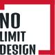 Logo met tekst "NO LIMIT DESIGN" in zwarte letters, omlijst door een rode hoek.