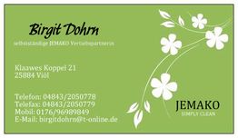 Grüne Visitenkarte mit Kontaktinformationen und floralen Elementen auf der rechten Seite.