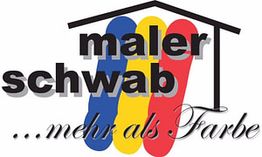 Logo mit "maler schwab" über drei farbigen Streifen und dem Text "...mehr als Farbe".