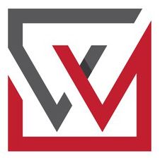 Grau-rotes geometrisches Logo mit verschlungenen Linien auf weißem Hintergrund.