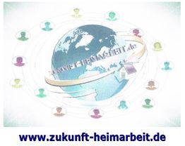 Grafik einer vernetzten Erde mit Website-URL www.zukunft-heimarbeit.de am unteren Rand.