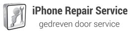 Logo van "iPhone Repair Service" met de tekst "gedreven door service" naast een reparatie-icoon.