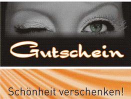 Ein Auge zwinkert. Text: "Gutschein" und "Schönheit verschenken!" auf orangefarbenem Hintergrund.