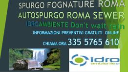 Pubblicità autosprurgo Idroambiente a Roma con numero di telefono e immagini di camion e cascata.
