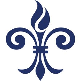 Ein stilisiertes, blaues Fleur-de-Lis-Symbol mit einer Flamme in der Mitte.
