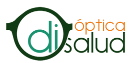 Logotipo con gafas y texto "óptica salud" en tonos verdes y naranjas.