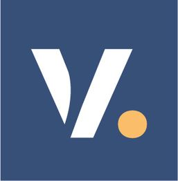 Weißes "V" und orangefarbener Punkt auf blauem Hintergrund.