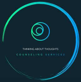 Circular logo with blue-green gradient and text: "Thinking About Thoughts Counseling Services."