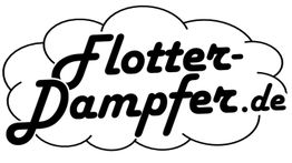 Wort "Flotter-Dampfer.de" in geschwungener Schrift vor Wolkenform.