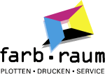 Logo von "farb-raum" mit buntem Würfel und Text: Plotten, Drucken, Service.