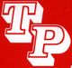 Weiße Buchstaben "TP" auf rotem Hintergrund, übereinandergelagerte kursive Schrift.
