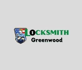 "Locksmith Greenwood logo with a locksmith holding tools and a padlock icon, stars in the background."