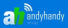 Blaues Logo mit "ah" und "andyhandy shop" Schriftzug, stilisiertem WLAN-Symbol.