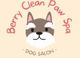 Cartoon dog logo for "Berry Clean Paw Spa Dog Salon" with pink lettering.