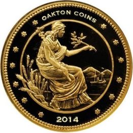 Gold coin featuring a seated woman with wheat and stars; text reads "OAKTON COINS" and "2014".