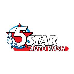 Logo for 5 Star Auto Wash with stars and soap bubbles in red, white, and blue.