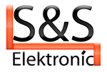 S&S Elektronic Logo mit schwarzem Text und rotem Rahmen.