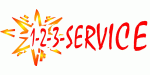 Logo mit der Aufschrift "1-2-3-SERVICE" vor einem orange-gelben Explosionseffekt.