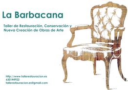 Silueta de sillón clásico y texto: "La Barbacana, Taller de Restauración y Conservación de Arte".