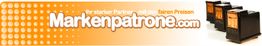 Banner von Markenpatrone.com mit Slogan und Tintenpatronen auf orangem Hintergrund.