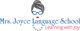 Logo mit stilisiertem Gesicht und Text: "Mrs. Joyce Language School - Learning with Joy".