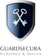 Logo mit Kreuz-Schlüsseln auf Schild, Text: "GUARDSECURA Sicherheit & Service".