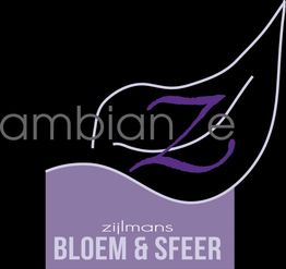 Logo met de tekst "Zijlmans Bloem & Sfeer" en een gestileerd paarse blad op zwarte achtergrond.