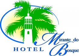 Logotipo com palmeira, farol e texto "Hotel Mirante do Bosque" em azul e verde.