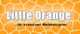 Text "Little Orange - ihr kreativer Webdesigner" auf orangefarbenem geometrischem Hintergrund.