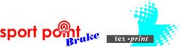 Logos von "Sport Point Brake" und "Tex Print" mit blauen und roten Designelementen.