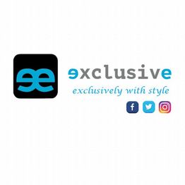Logo "exclusive" con eslogan y iconos de Facebook, Twitter e Instagram.