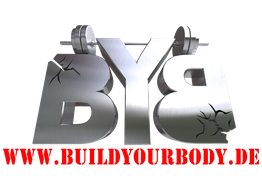 BYB-Logo aus Metall mit Hanteln, darunter rote Schrift: "www.buildyourbody.de".