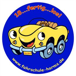 Gelbes Cartoon-Auto mit lachendem Gesicht auf blauem Hintergrund, "18... fertig... los!".