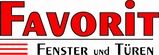 Logo mit roter Aufschrift "Favorit Fenster und Türen" und roten Linien links.