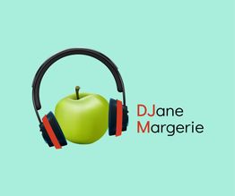 Grüner Apfel mit schwarzen Kopfhörern, Text: "DJane Margerie" auf mintgrünem Hintergrund.