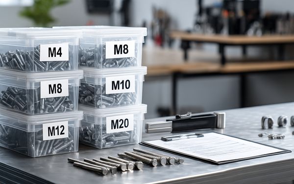Schrauben von M4 bis M20 in beschrifteten Sortierkästen, auf einer Metallwerkbank.