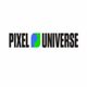 Logo met tekst "Pixel Universe" in zwart en symbool in blauw en groen tussen de woorden.