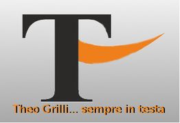 Logo con una "T" nera e curva arancione, testo "Theo Grilli... sempre in testa" in basso.