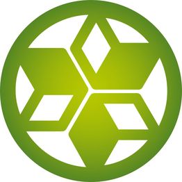 Logo verde con formas geométricas en un círculo.
