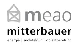 Logo von meao mit Schriftzug "mitterbauer", begleitet von "energie architektur objektberatung".